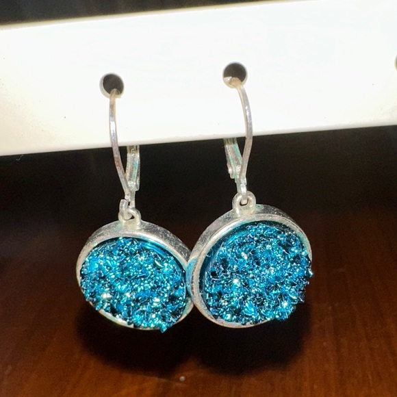 Joan Rivers Jewelry - Vtg Joan Rivers Classics Collection Metallic Blue Druzy Round Dangle Earrings